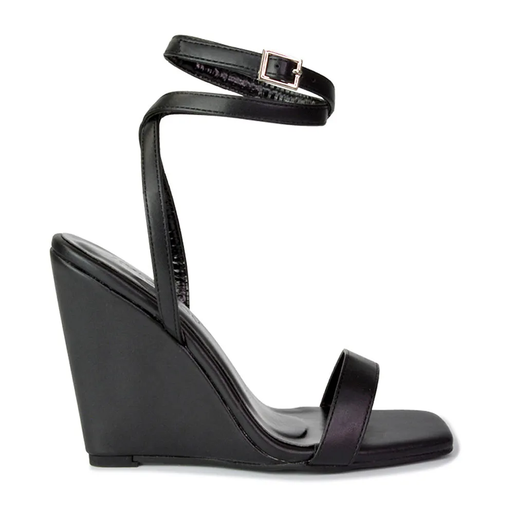 Collins Strappy Ankle Strap Wedge High Heels Square Toe Shoes in Black sold by XYlondon product image thumbnail 3
