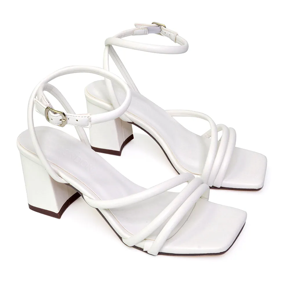 Trixie Square Toe Buckle Up Ankle Strappy Mid Block Heel Sandals in White sold by XYlondon