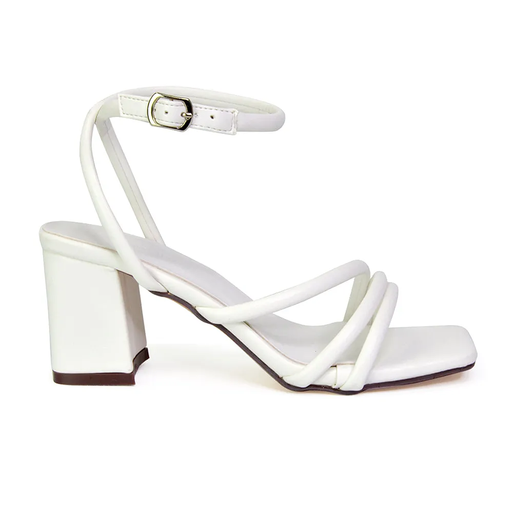 Trixie Square Toe Buckle Up Ankle Strappy Mid Block Heel Sandals in White sold by XYlondon product image thumbnail 3