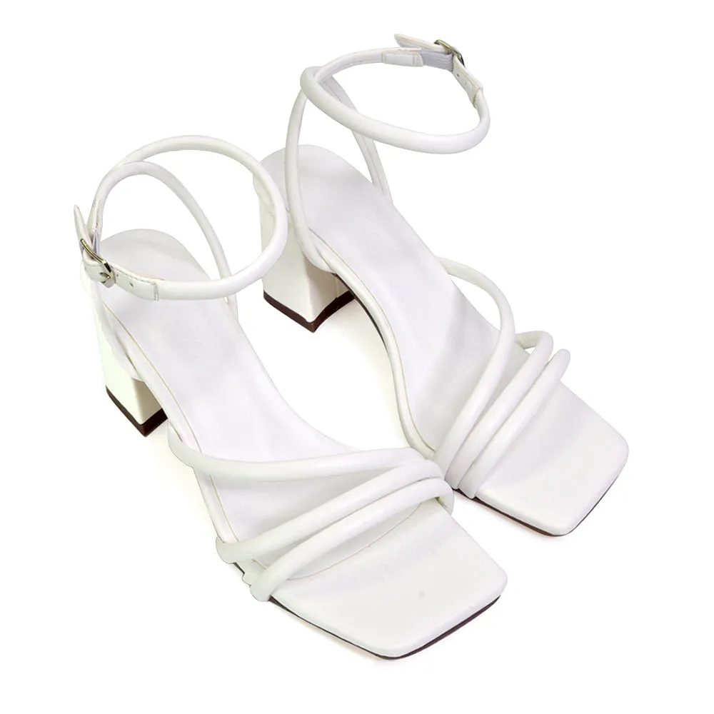 Trixie Square Toe Buckle Up Ankle Strappy Mid Block Heel Sandals in White sold by XYlondon product image thumbnail 4