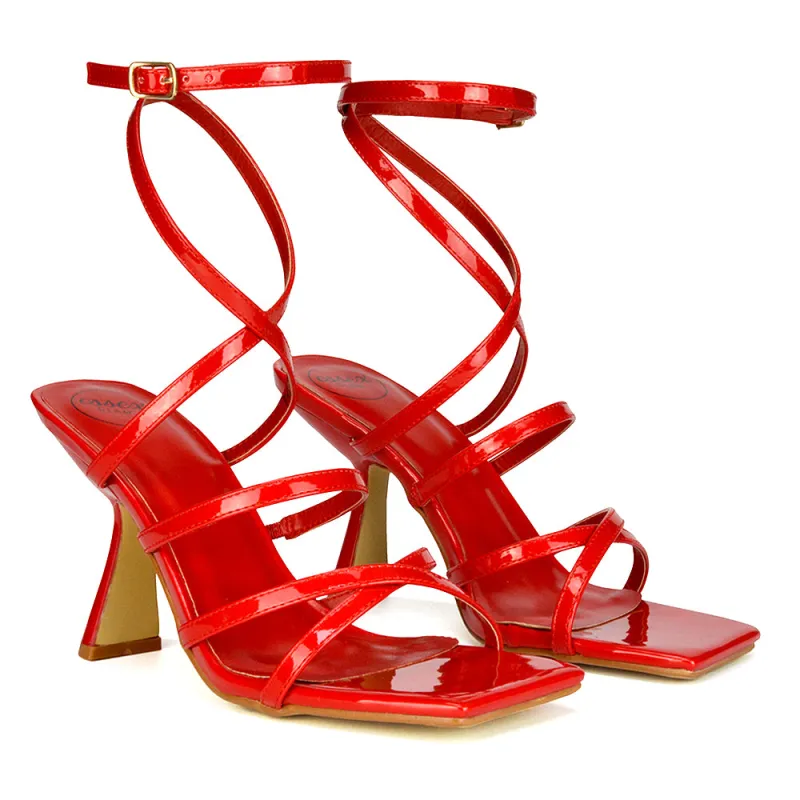 Donna Strappy Ankle Square Toe Party Thin Block High Heel Sandals in Red Patent sold by XYlondon