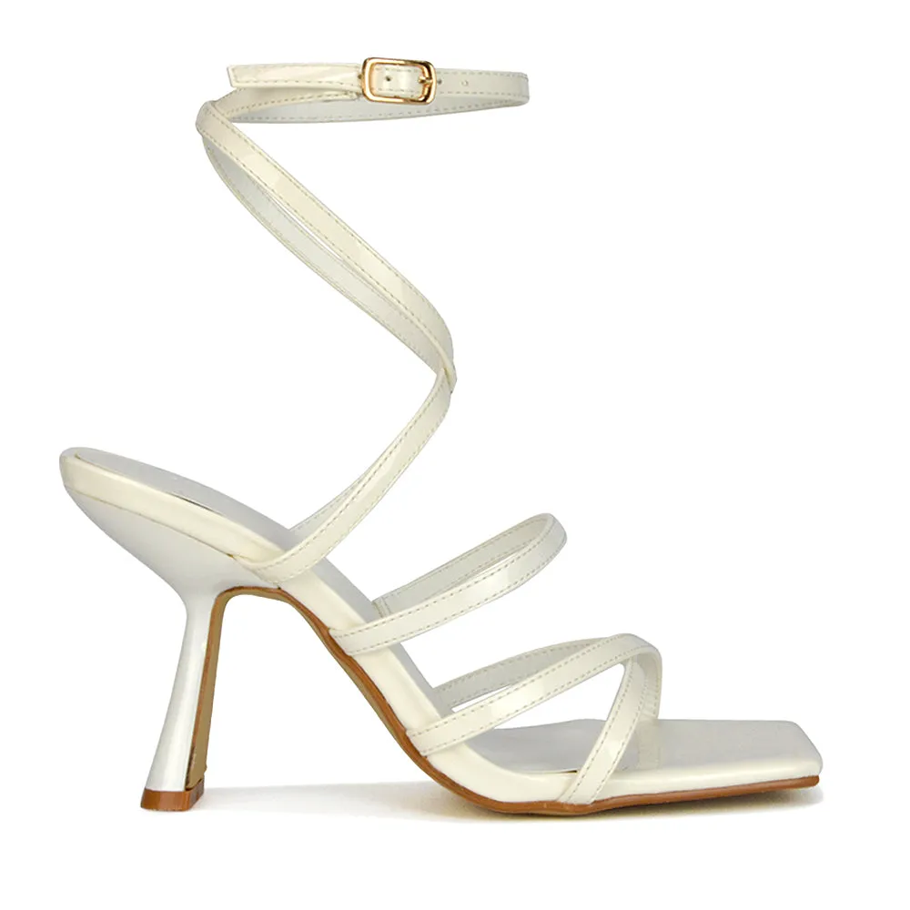 Donna Strappy Ankle Square Toe Party Thin Block High Heel Sandals in White Patent sold by XYlondon product image thumbnail 2