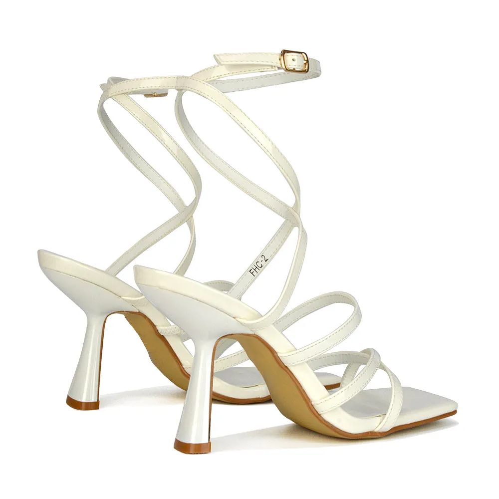 Donna Strappy Ankle Square Toe Party Thin Block High Heel Sandals in White Patent sold by XYlondon product image thumbnail 4