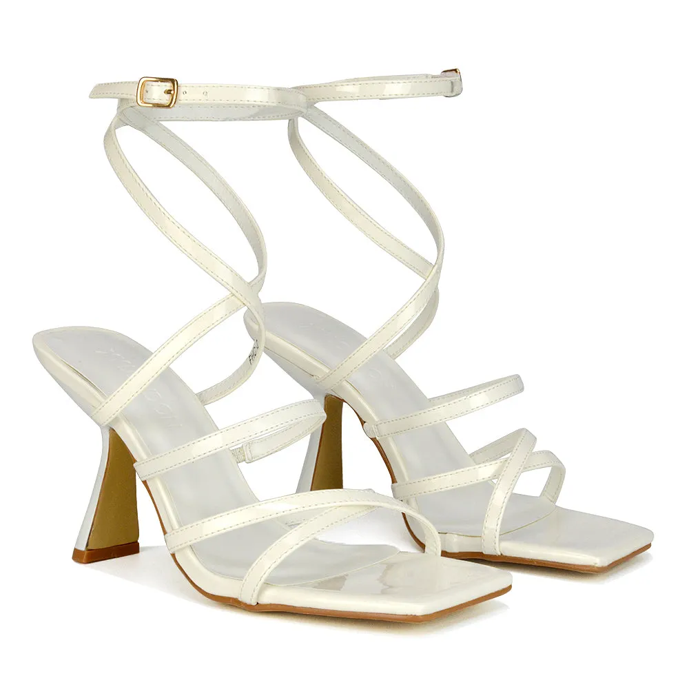 Donna Strappy Ankle Square Toe Party Thin Block High Heel Sandals in White Patent sold by XYlondon