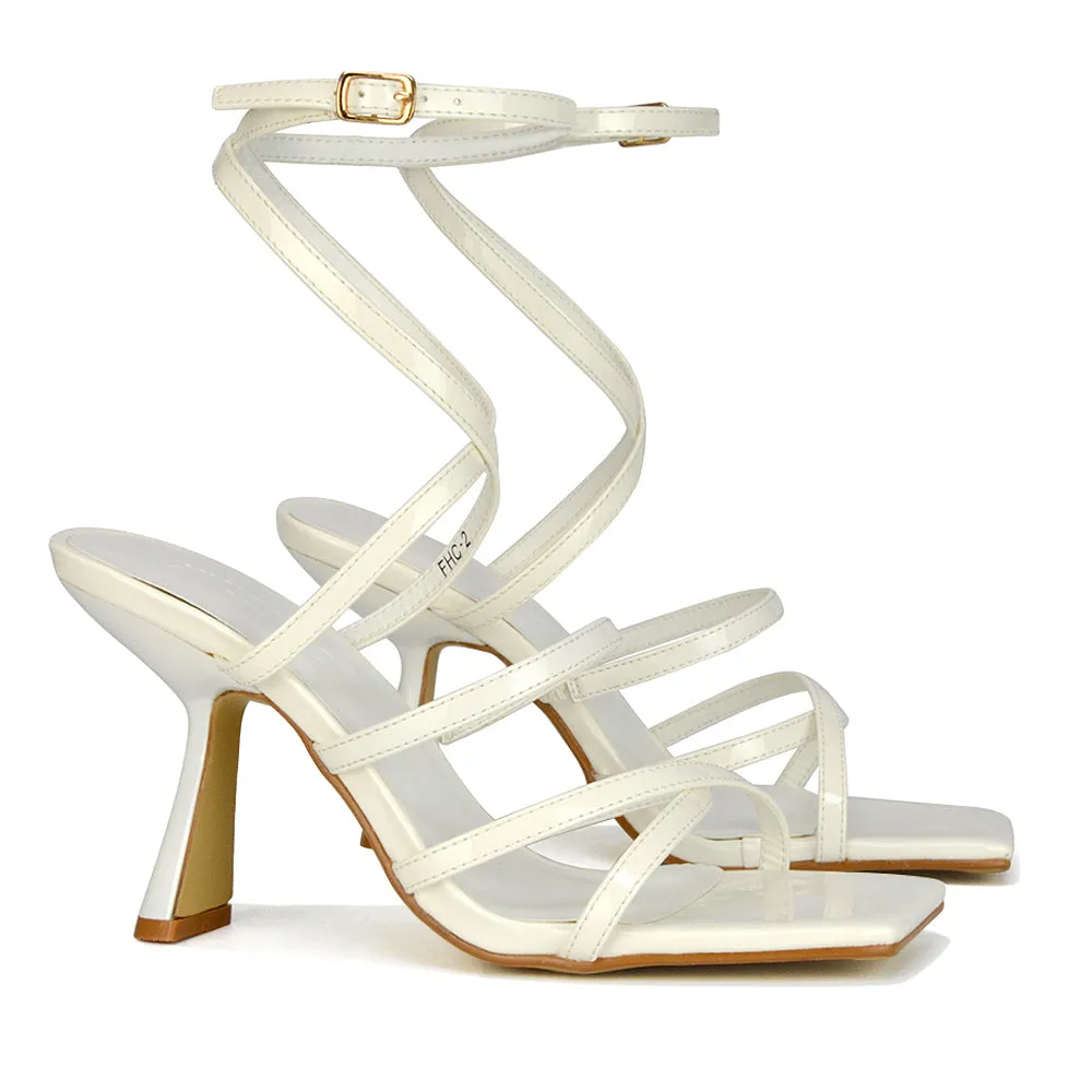 Donna Strappy Ankle Square Toe Party Thin Block High Heel Sandals in White Patent sold by XYlondon product image thumbnail 3