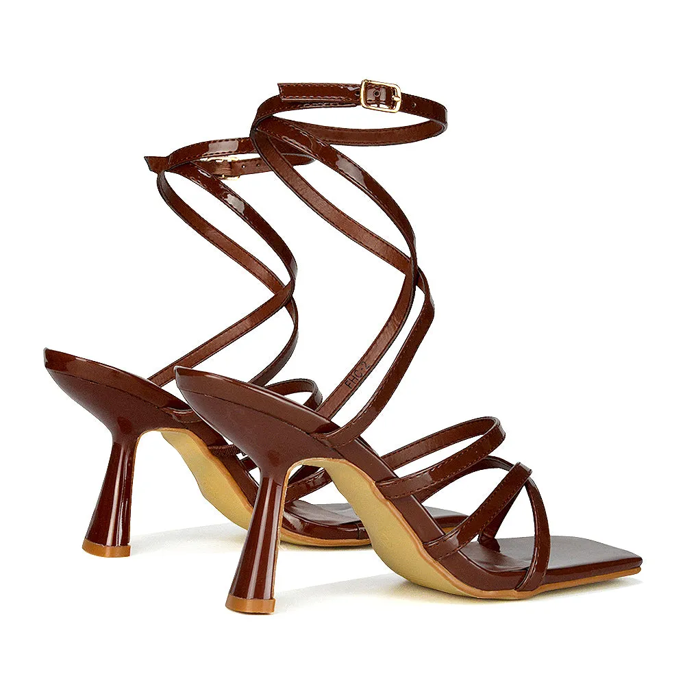 Donna Strappy Ankle Square Toe Party Thin Block High Heel Sandals in Brown Patent sold by XYlondon product image thumbnail 4