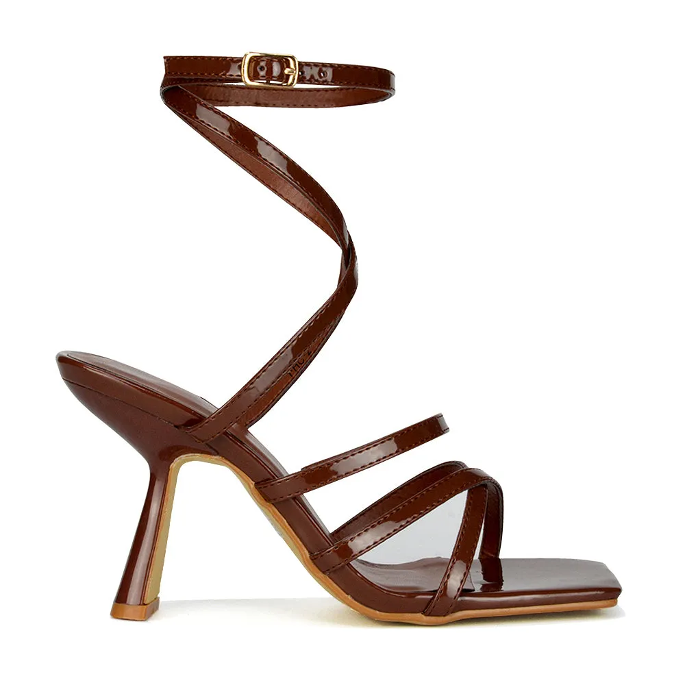 Donna Strappy Ankle Square Toe Party Thin Block High Heel Sandals in Brown Patent sold by XYlondon product image thumbnail 2