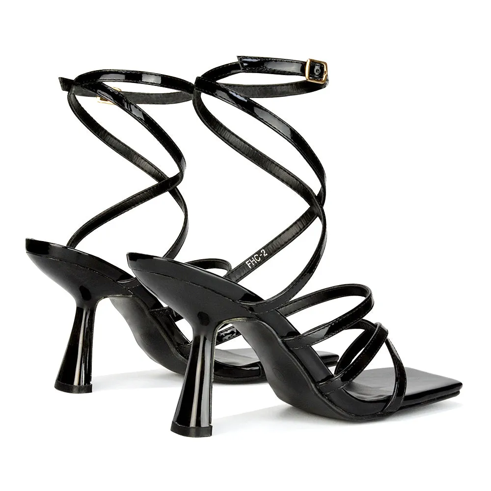 Donna Strappy Ankle Square Toe Party Thin Block High Heel Sandals in Black Patent sold by XYlondon product image thumbnail 4