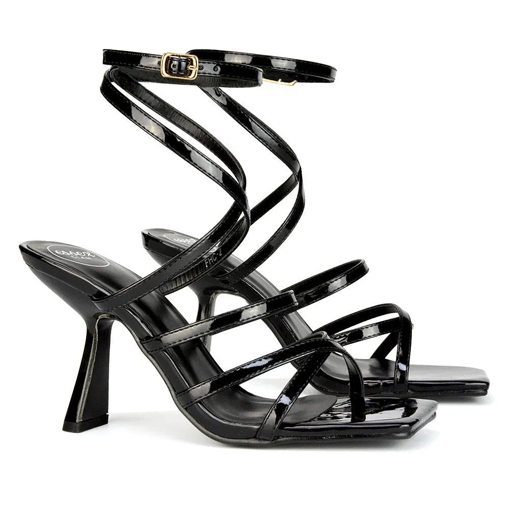 Donna Strappy Ankle Square Toe Party Thin Block High Heel Sandals in Black Patent sold by XYlondon product image thumbnail 3