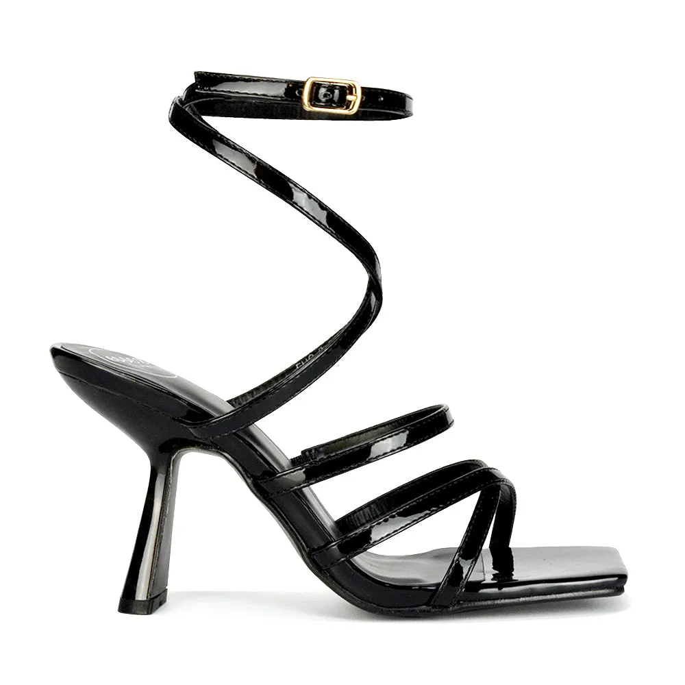 Donna Strappy Ankle Square Toe Party Thin Block High Heel Sandals in Black Patent sold by XYlondon product image thumbnail 2