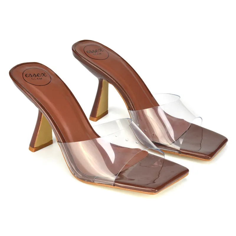 Lacie Square Toe Perspex Thin Block High Heel Mule Sandals in Brown Patent sold by XYlondon