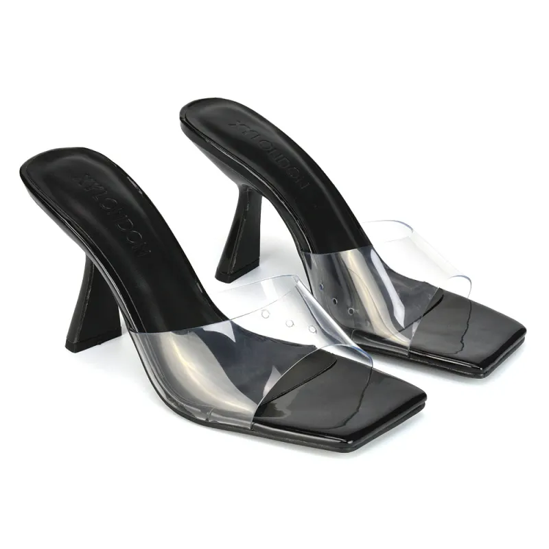 Lacie Square Toe Perspex Thin Block High Heel Mule Sandals in Black Patent sold by XYlondon
