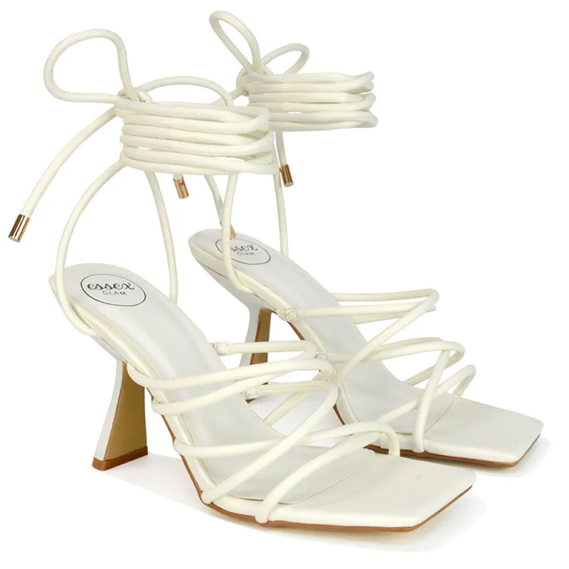 Everlee Strappy Lace Up Thin BlocK Square Toe Heel Sandals in White Synthetic Leather sold by XYlondon