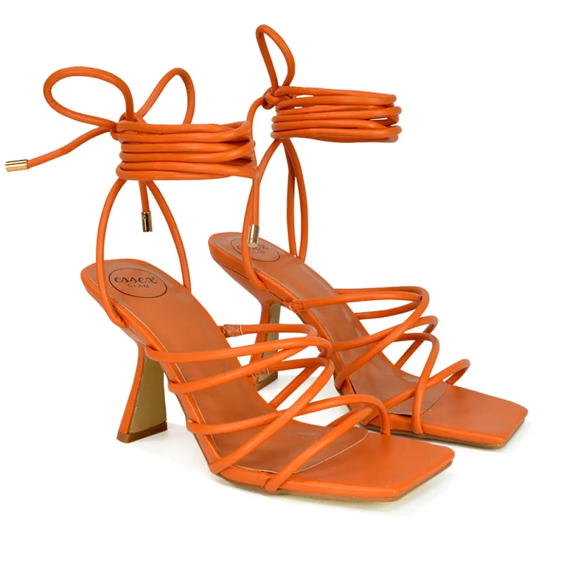 Everlee Strappy Lace Up Thin BlocK Square Toe Heel Sandals in Orange Synthetic Leather sold by XYlondon