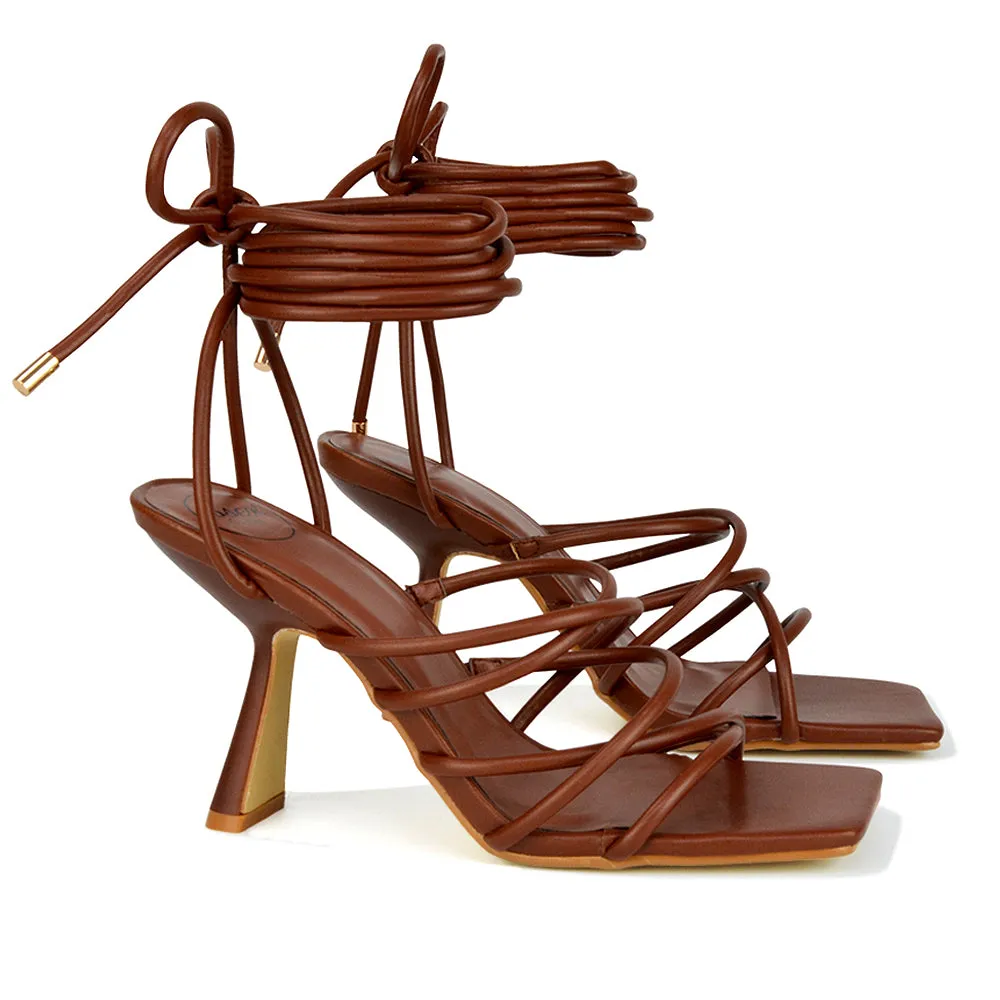 Everlee Strappy Lace Up Thin BlocK Square Toe Heel Sandals in Brown Synthetic Leather sold by XYlondon product image thumbnail 4