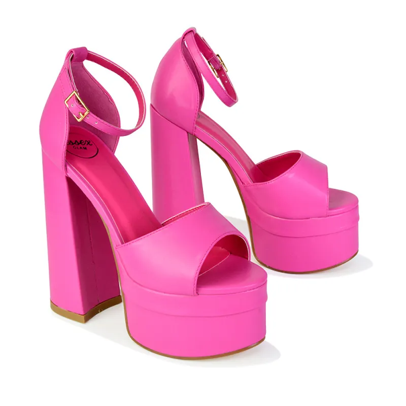 Elma Peep Toe Strappy Block High Heel Platform Sandals in Fuchsia made by XYlondon