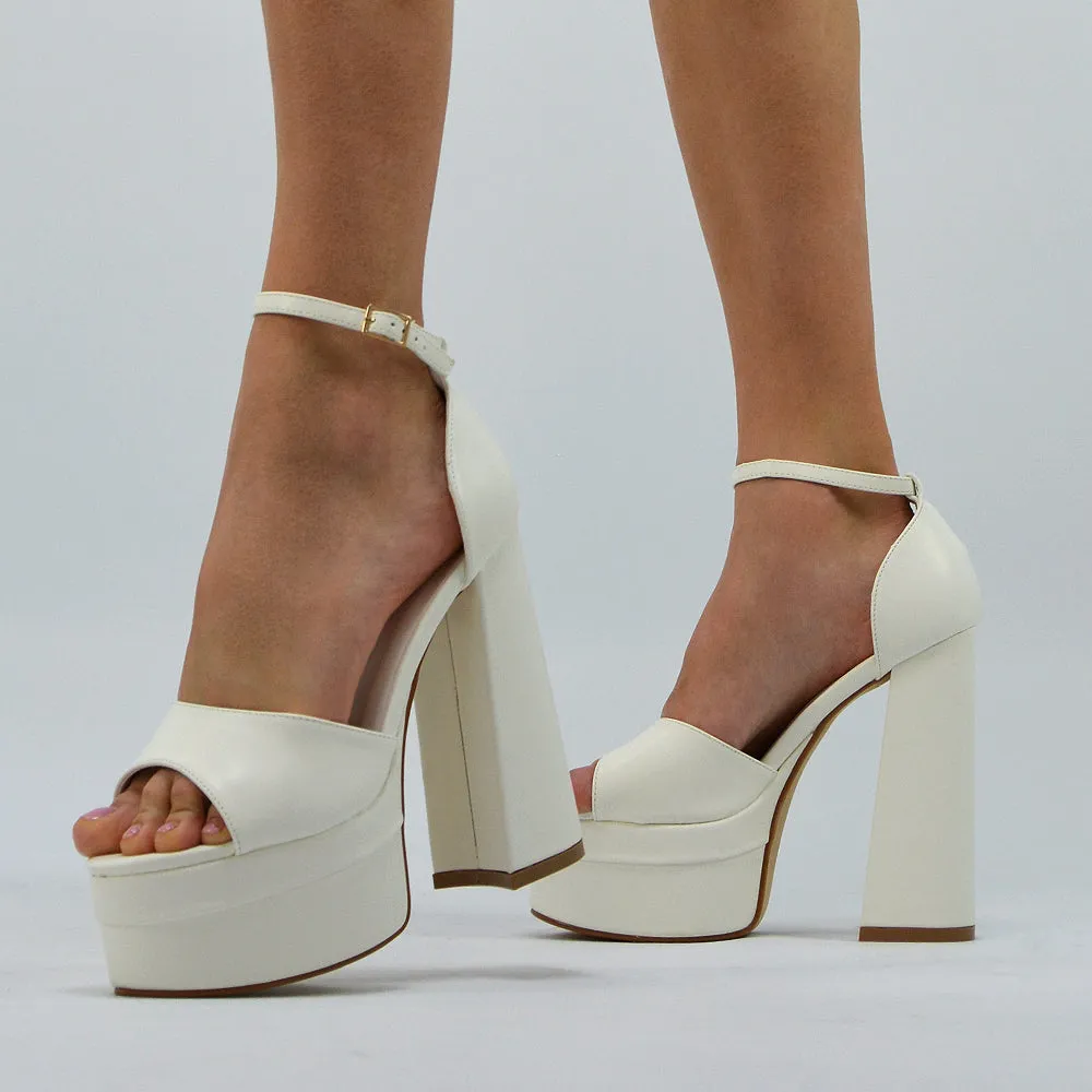 Elma Peep Toe Strappy Block High Heel Platform Sandals in White Synthetic Leather sold by XYlondon product image thumbnail 5