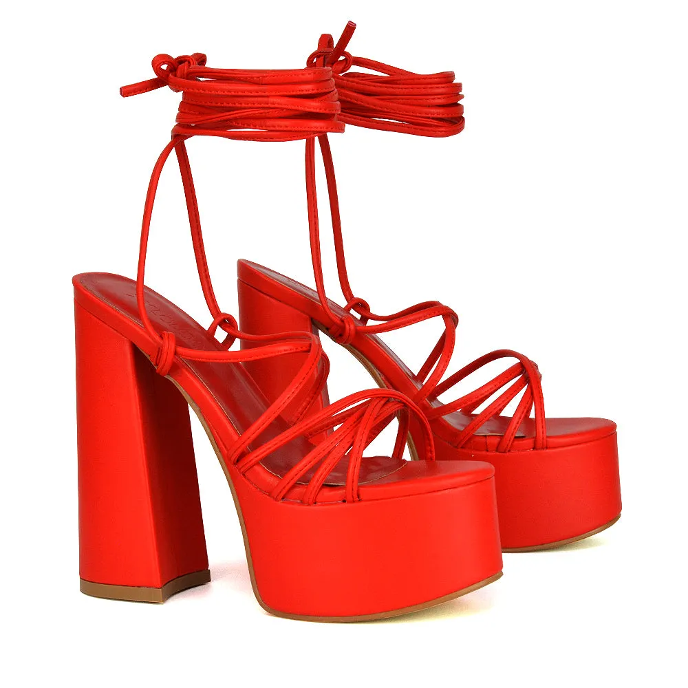 Estelle Lace Up Platform Chunky Sole Block Strappy High Heels in White Synthetic Leather sold by XYlondon product image thumbnail 4
