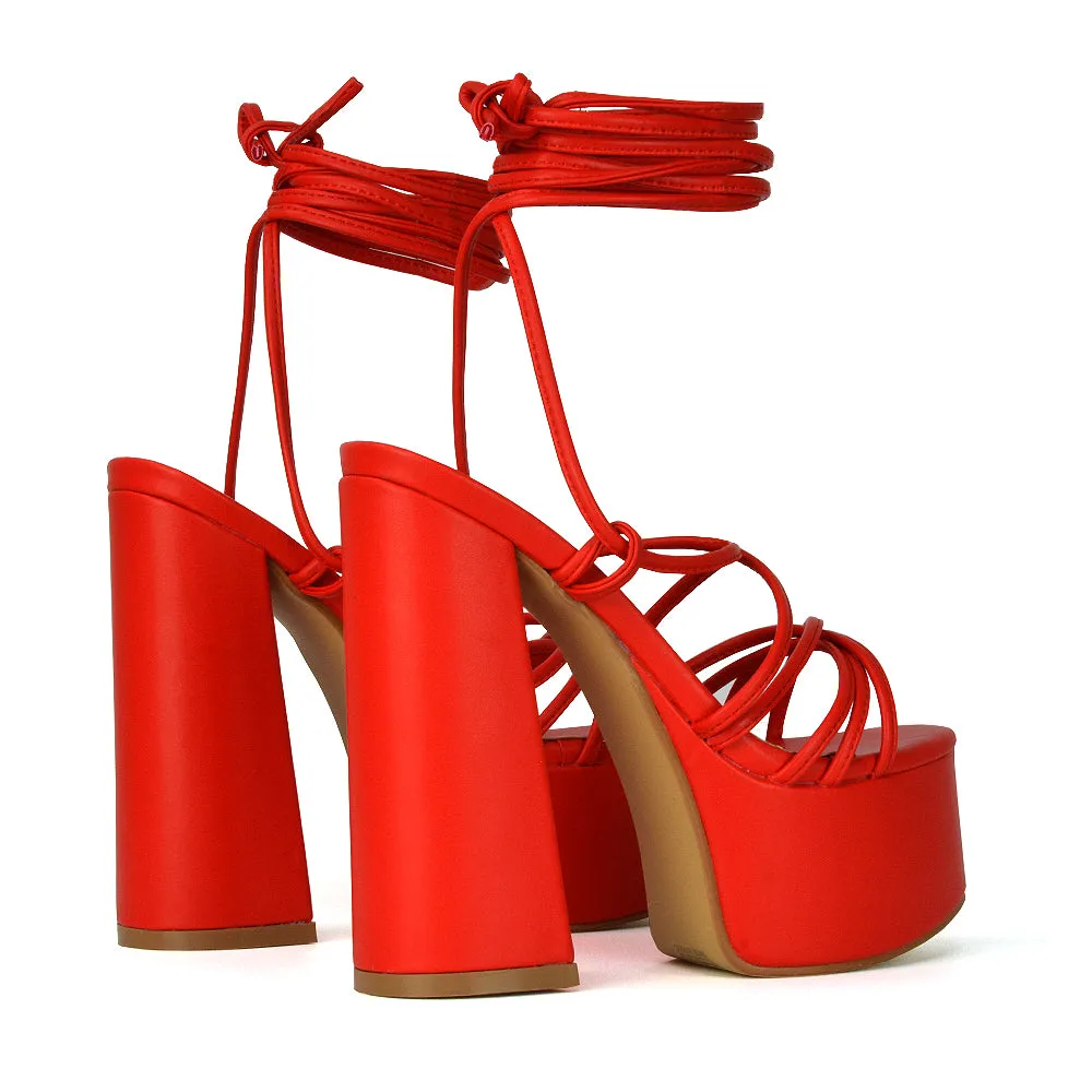 Estelle Lace Up Platform Chunky Sole Block Strappy High Heels in White Synthetic Leather sold by XYlondon product image thumbnail 5