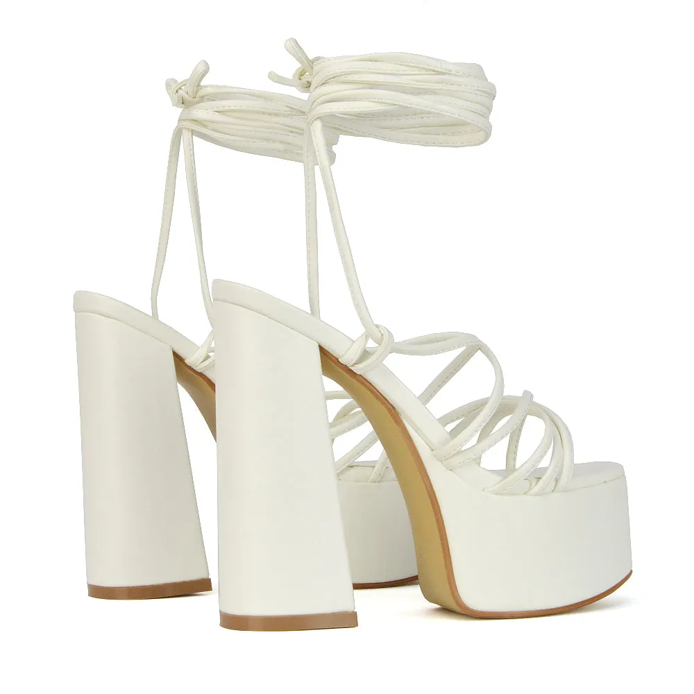 Estelle Lace Up Platform Chunky Sole Block Strappy High Heels in White Synthetic Leather sold by XYlondon product image thumbnail 3