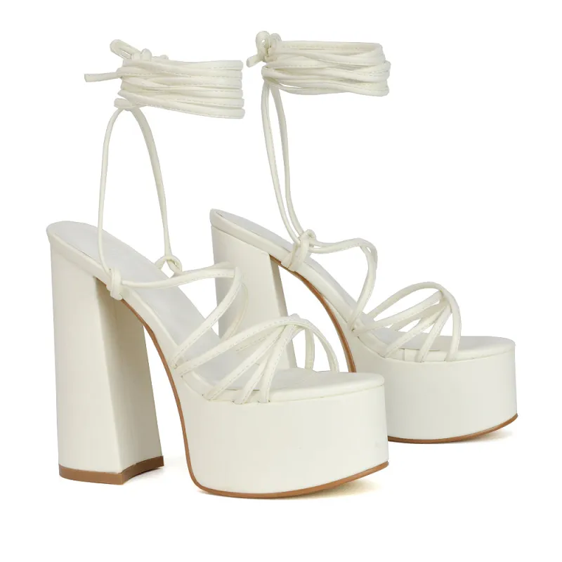 Estelle Lace Up Platform Chunky Sole Block Strappy High Heels in White Synthetic Leather made by XYlondon