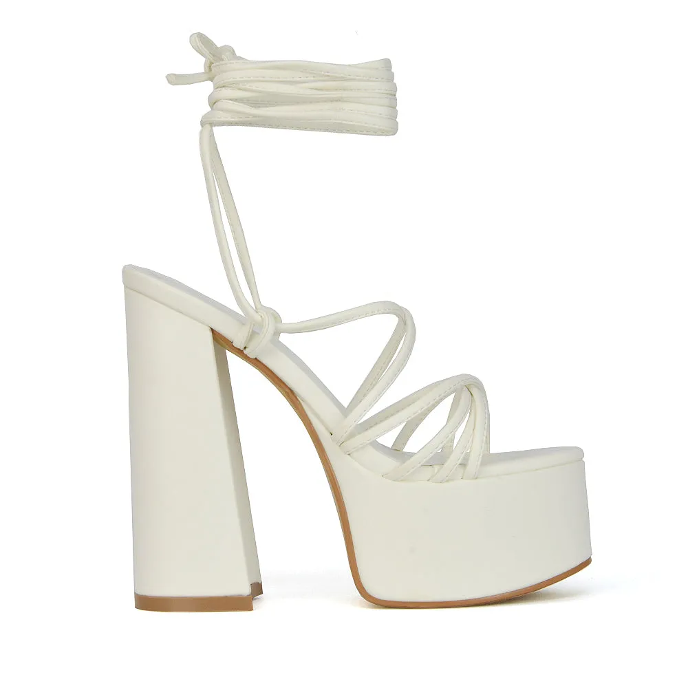 Estelle Lace Up Platform Chunky Sole Block Strappy High Heels in White Synthetic Leather sold by XYlondon product image thumbnail 2