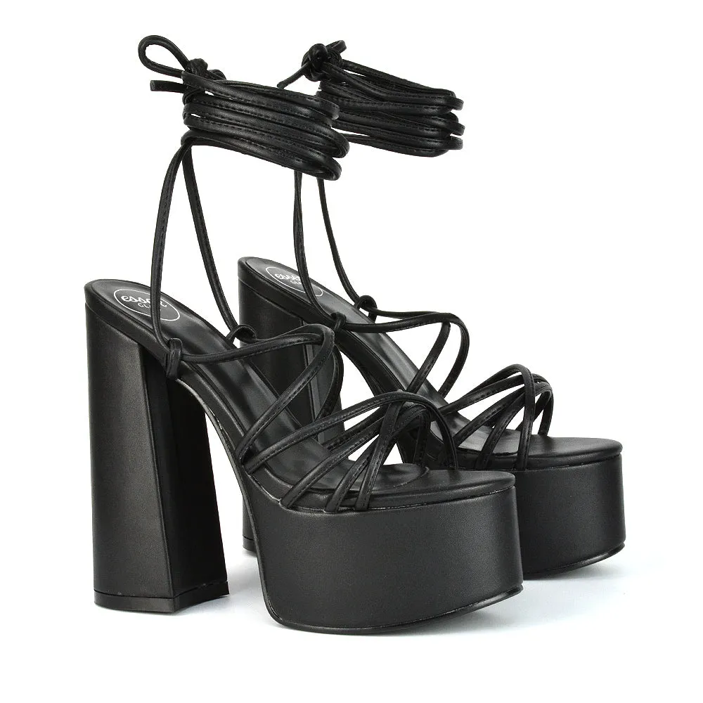 Estelle Lace Up Platform Chunky Sole Block Strappy High Heels in Black Synthetic Leather sold by XYlondon product image thumbnail 3