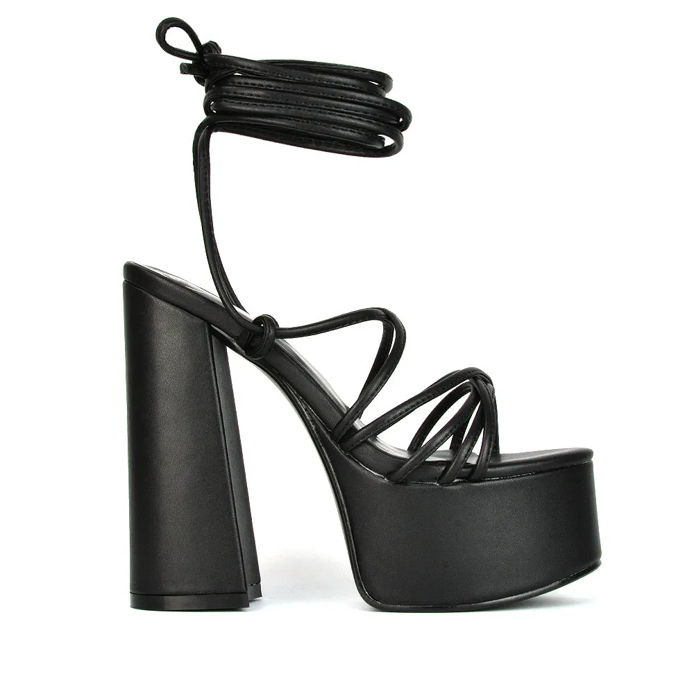 Estelle Lace Up Platform Chunky Sole Block Strappy High Heels in Black Synthetic Leather sold by XYlondon product image thumbnail 2