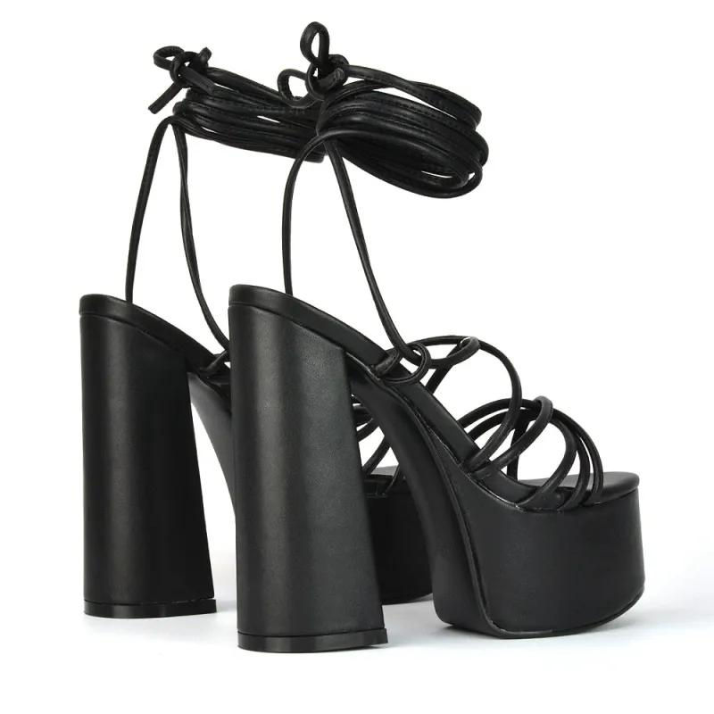 Estelle Lace Up Platform Chunky Sole Block Strappy High Heels in Black Synthetic Leather made by XYlondon
