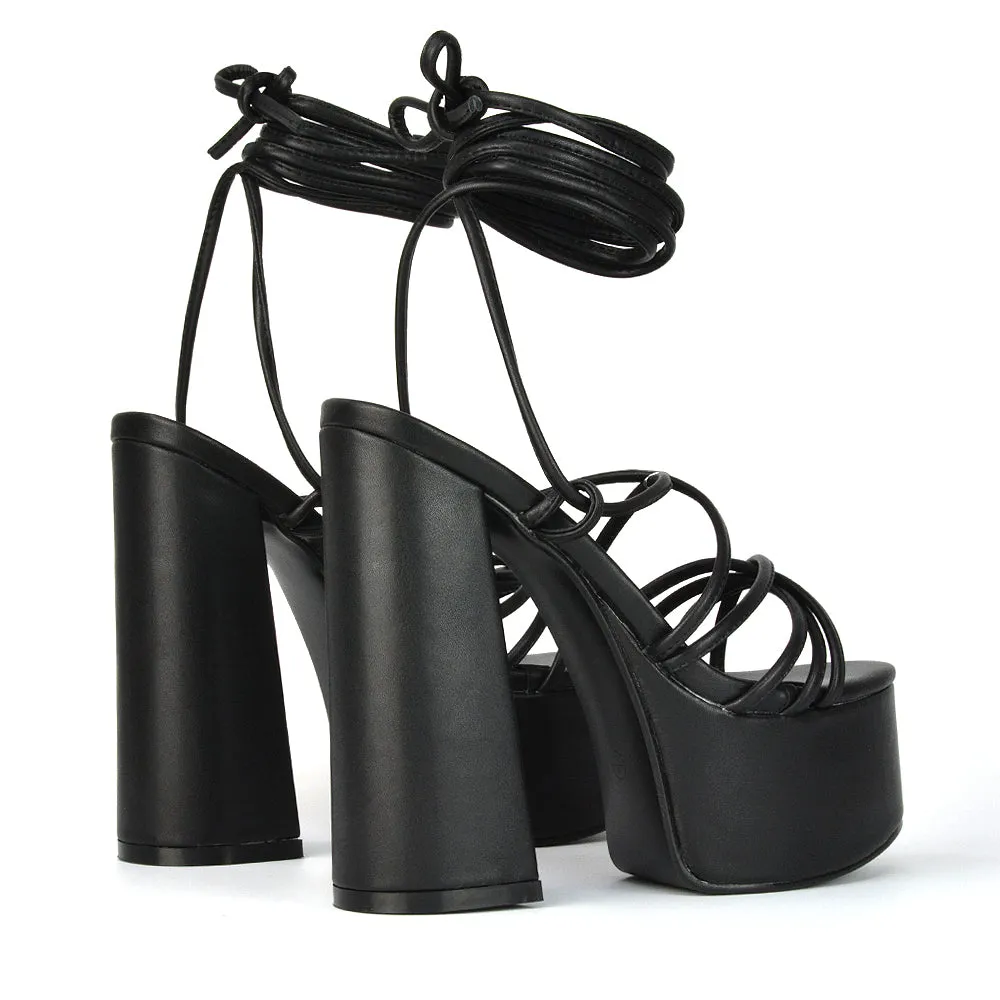 Estelle Lace Up Platform Chunky Sole Block Strappy High Heels in Black Synthetic Leather sold by XYlondon