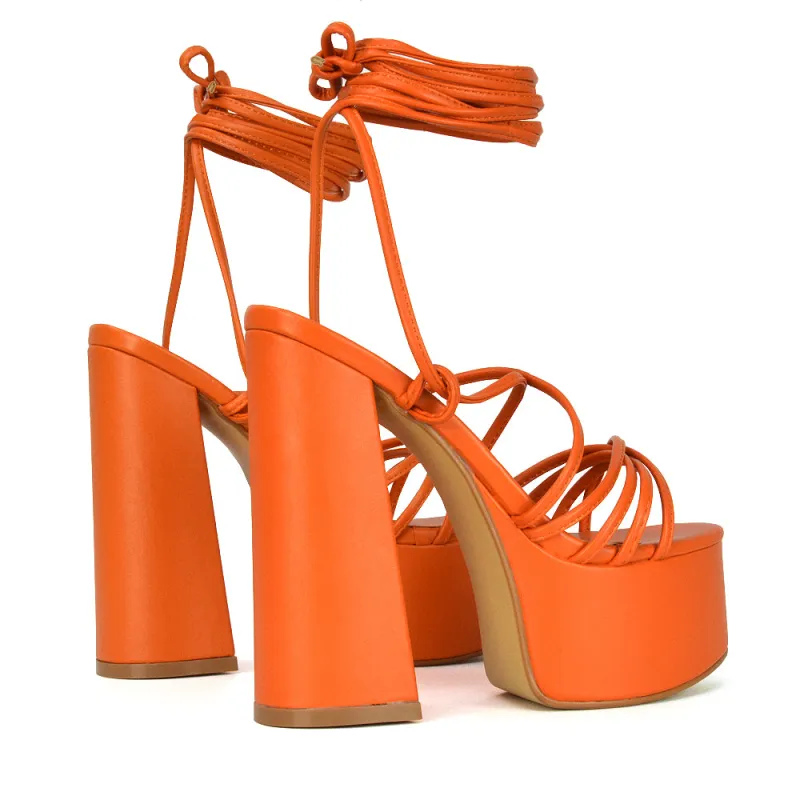 Estelle Lace Up Platform Chunky Sole Block Strappy High Heels in Orange Synthetic Leather sold by XYlondon