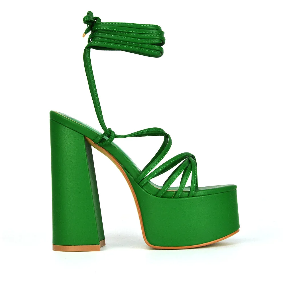 Estelle Lace Up Platform Chunky Sole Block Strappy High Heels in Green Synthetic Leather sold by XYlondon product image thumbnail 2