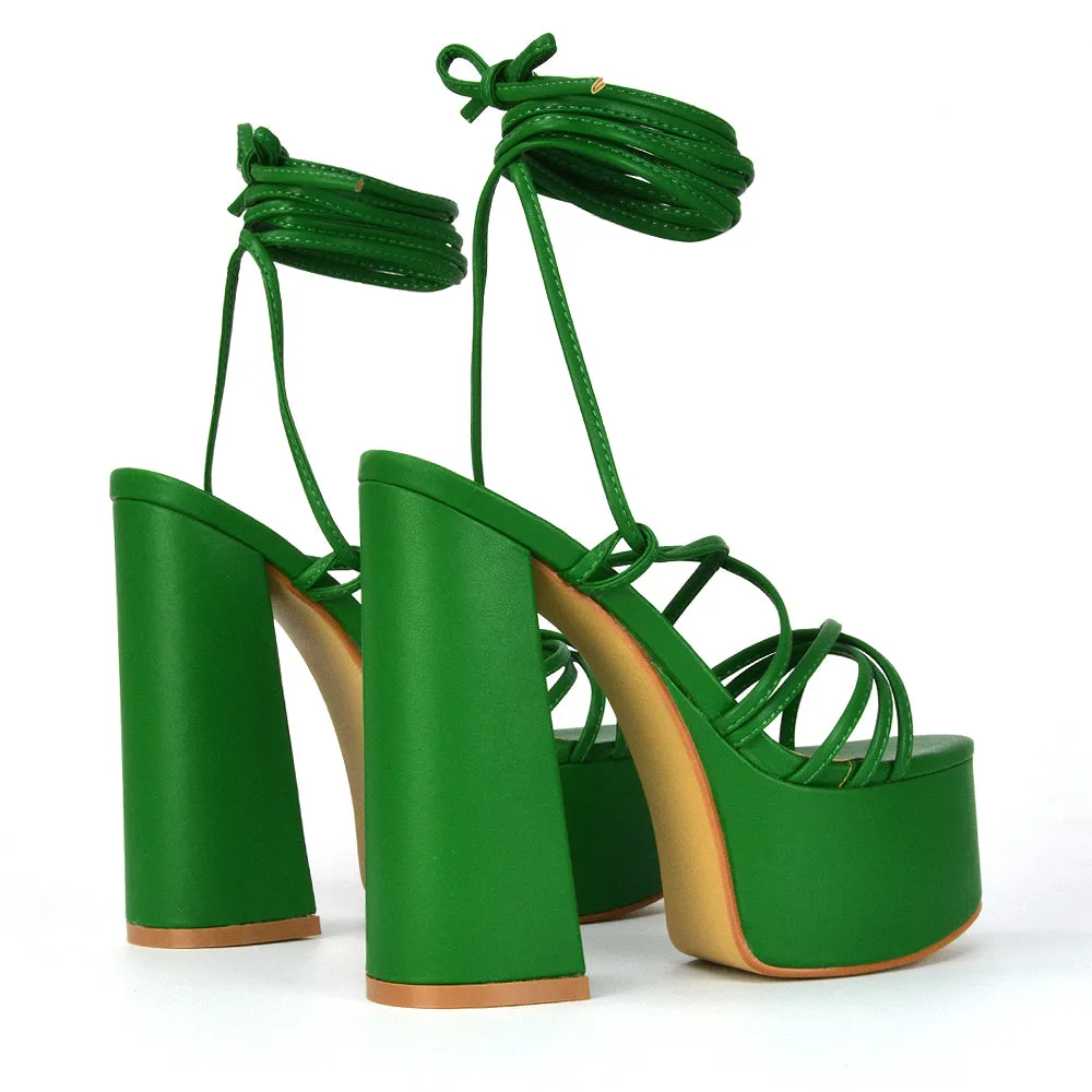 Estelle Lace Up Platform Chunky Sole Block Strappy High Heels in Green Synthetic Leather sold by XYlondon product image thumbnail 3