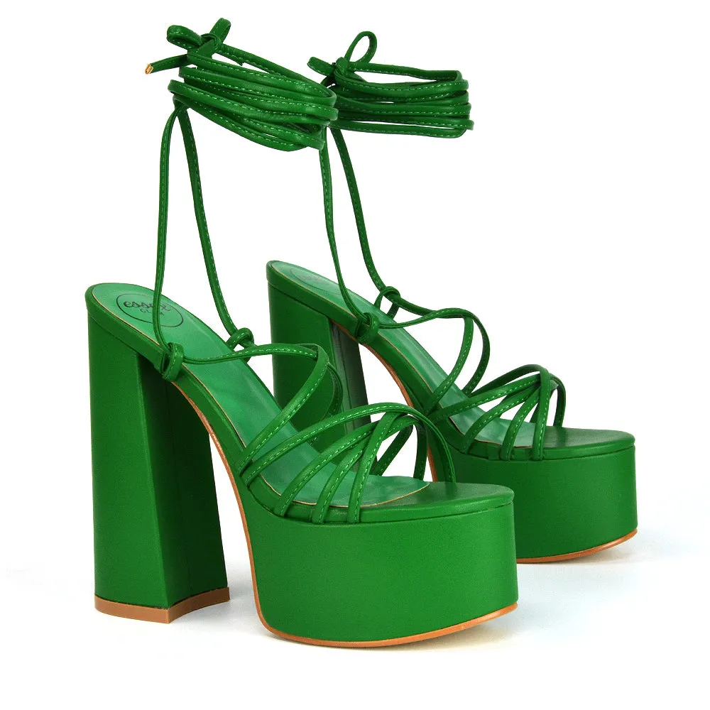 Estelle Lace Up Platform Chunky Sole Block Strappy High Heels in Green Synthetic Leather sold by XYlondon