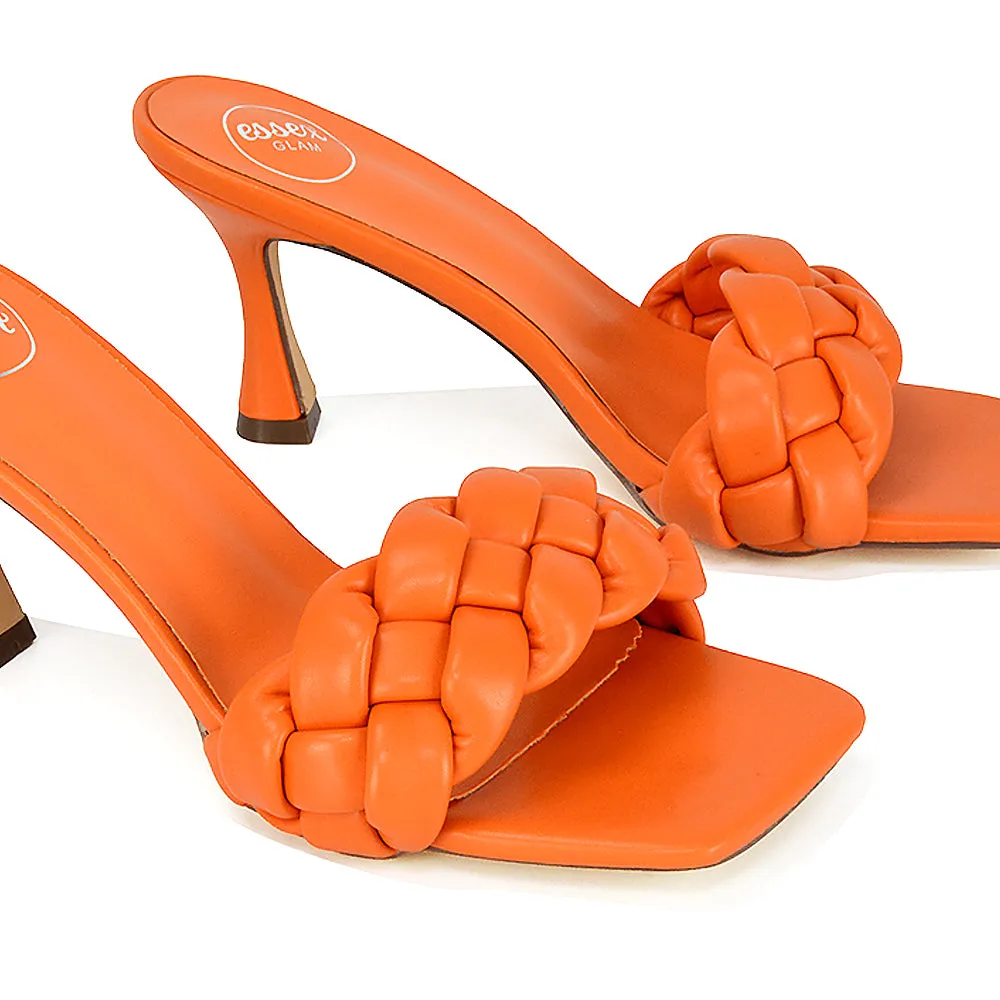 Lilah Woven Strap Square Toe Stiletto mid High Heel Mule Slip on Sandals in Orange sold by XYlondon product image thumbnail 4