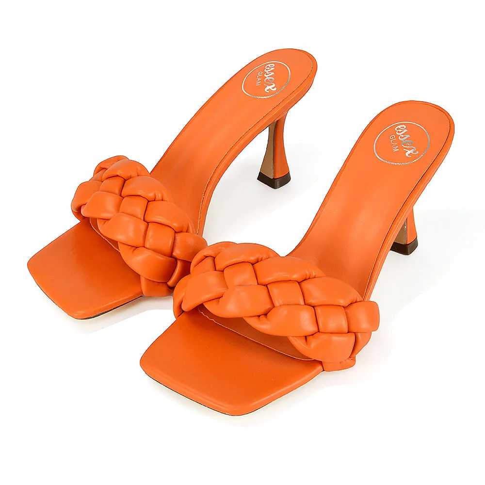Lilah Woven Strap Square Toe Stiletto mid High Heel Mule Slip on Sandals in Orange sold by XYlondon product image thumbnail 5