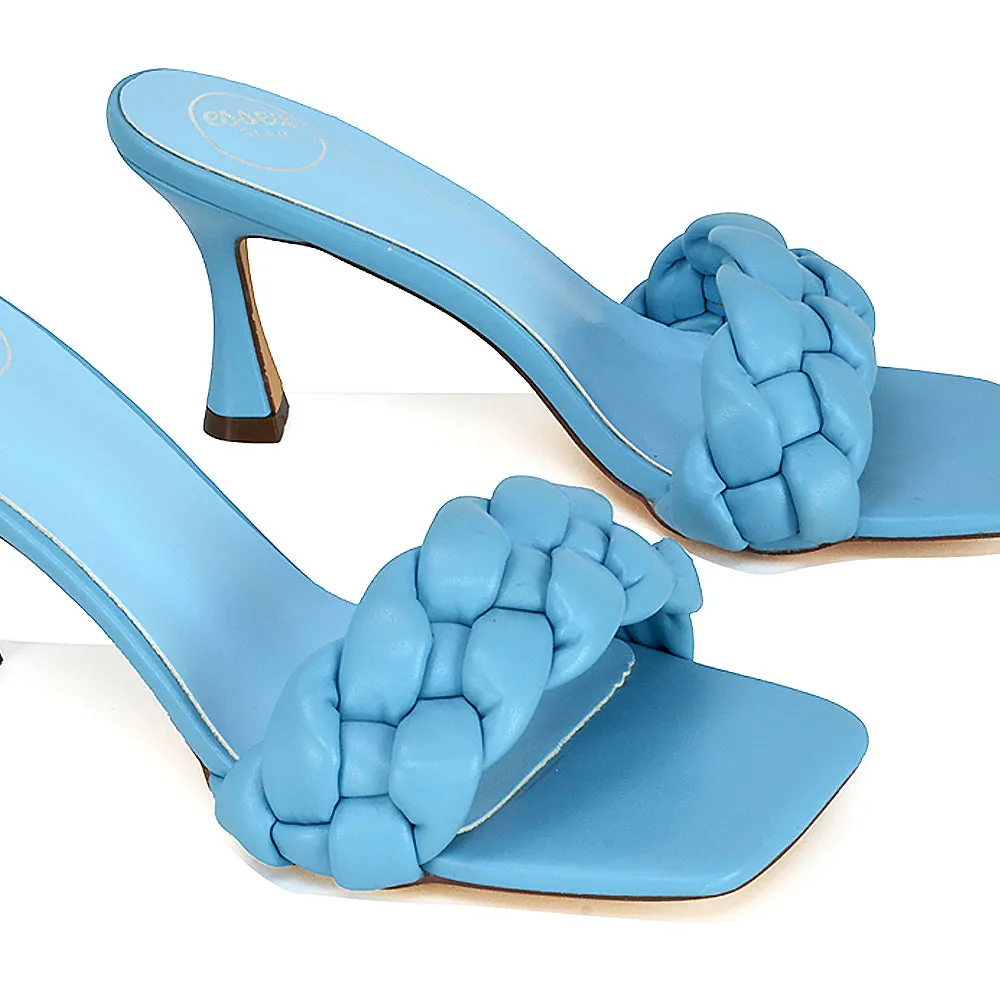 Lilah Woven Strap Square Toe Stiletto mid High Heel Mule Slip on Sandals in Blue sold by XYlondon
