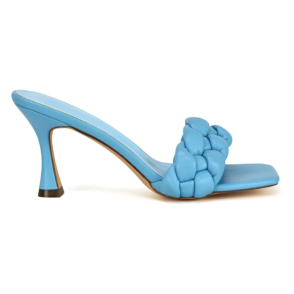 Lilah Woven Strap Square Toe Stiletto mid High Heel Mule Slip on Sandals in Blue sold by XYlondon product image thumbnail 3