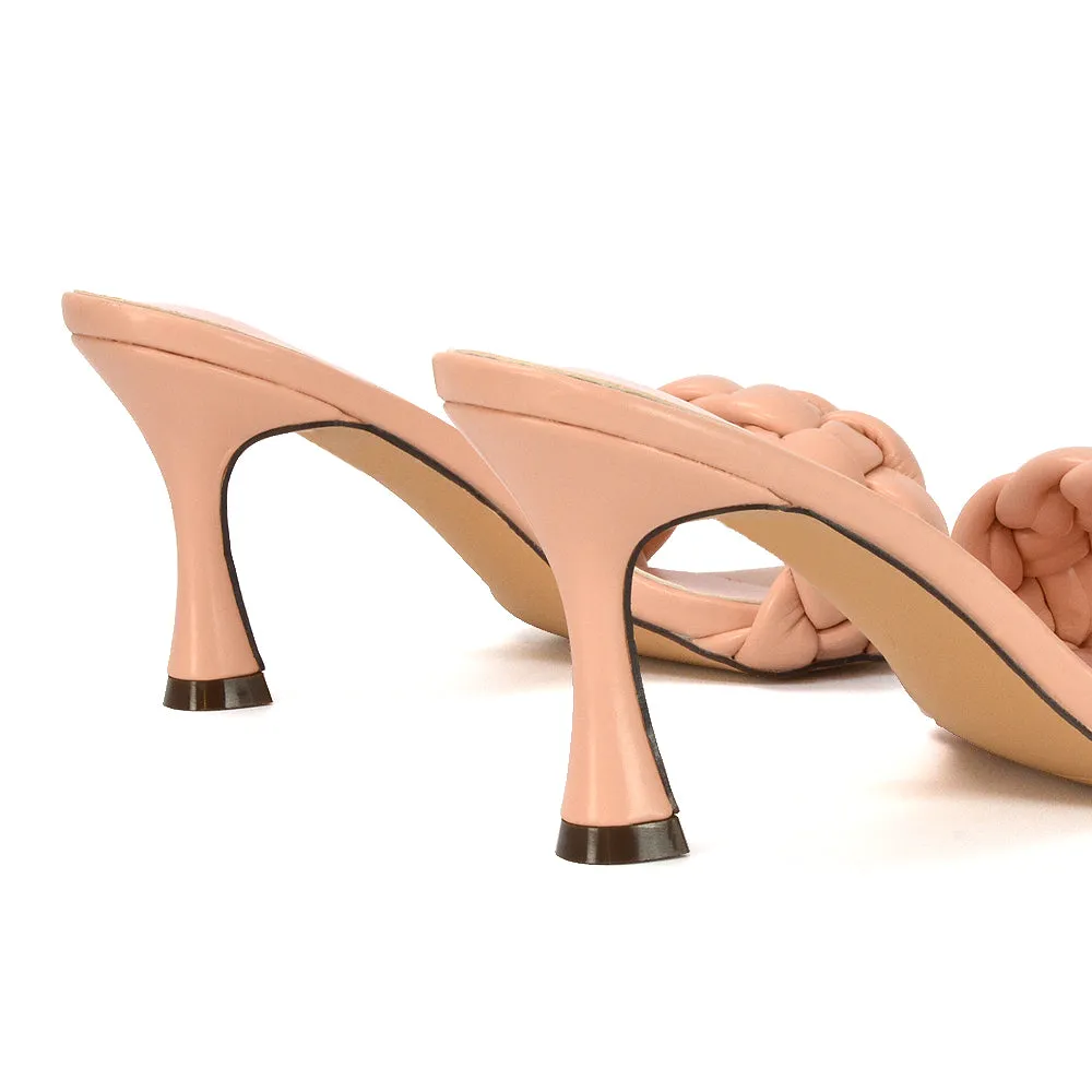 Lilah Woven Strap Square Toe Stiletto mid High Heel Mule Slip on Sandals in Pink sold by XYlondon product image thumbnail 2