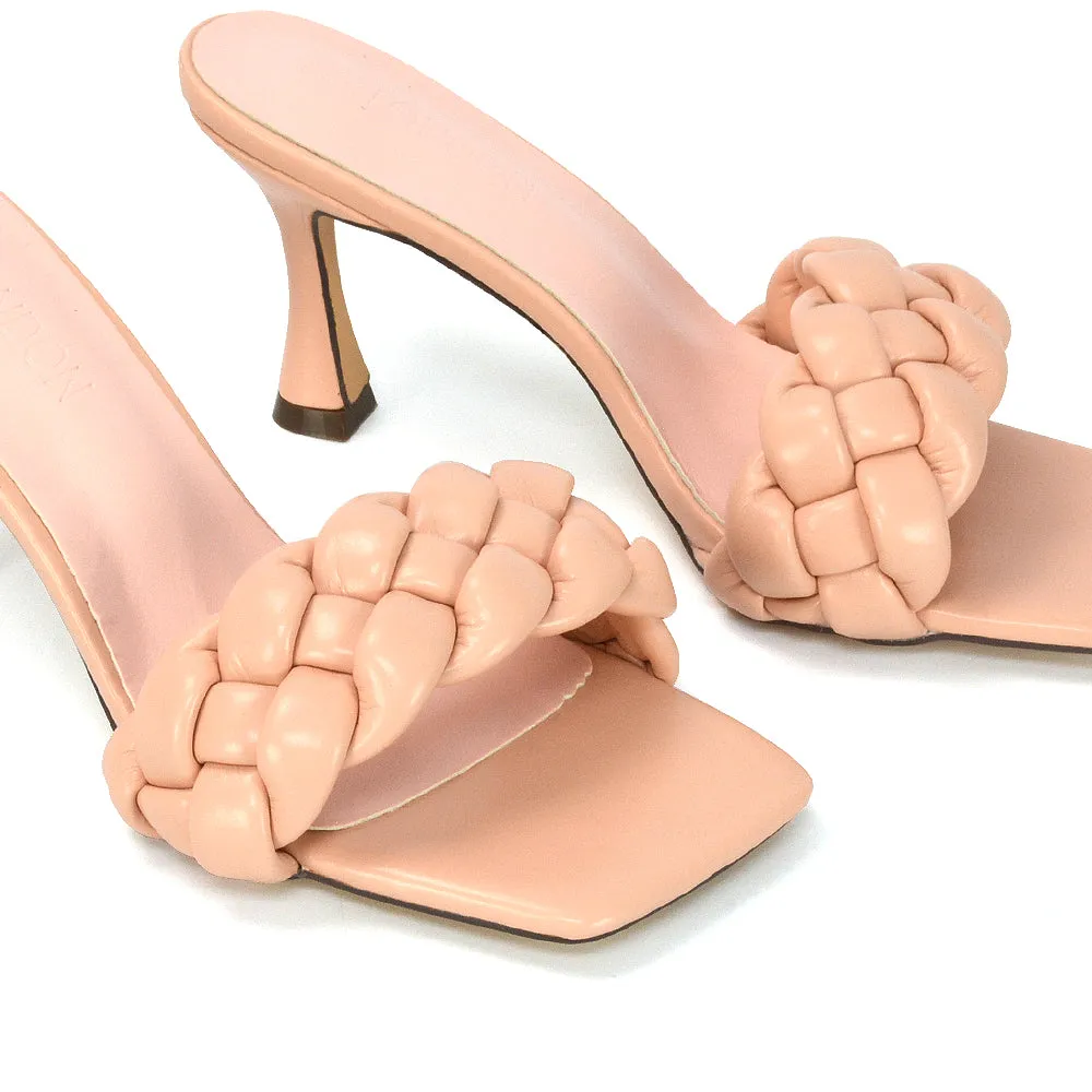 Lilah Woven Strap Square Toe Stiletto mid High Heel Mule Slip on Sandals in Pink sold by XYlondon product image thumbnail 5