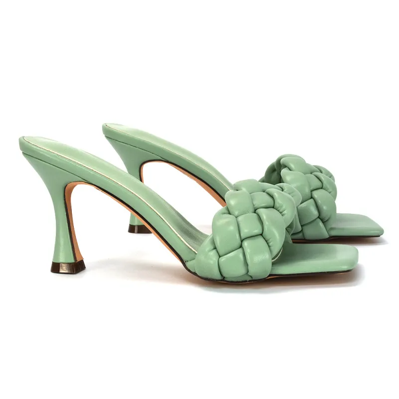 Lilah Woven Strap Square Toe Stiletto mid High Heel Mule Slip on Sandals in Mint sold by XYlondon