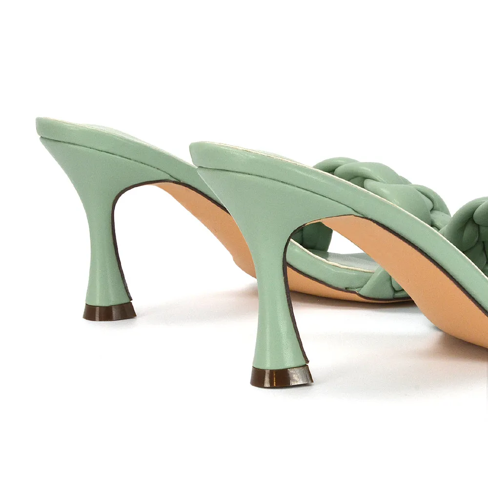 Lilah Woven Strap Square Toe Stiletto mid High Heel Mule Slip on Sandals in Mint sold by XYlondon product image thumbnail 2