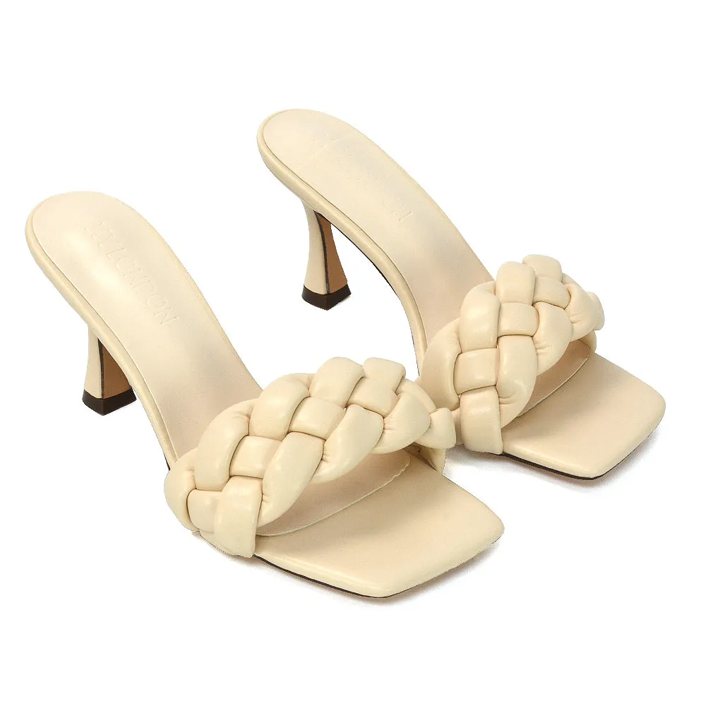 Lilah Woven Strap Square Toe Stiletto mid High Heel Mule Slip on Sandals in Nude sold by XYlondon product image thumbnail 4