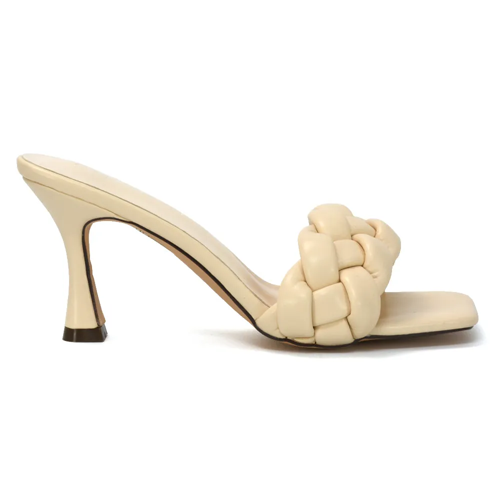 Lilah Woven Strap Square Toe Stiletto mid High Heel Mule Slip on Sandals in Nude sold by XYlondon product image thumbnail 3