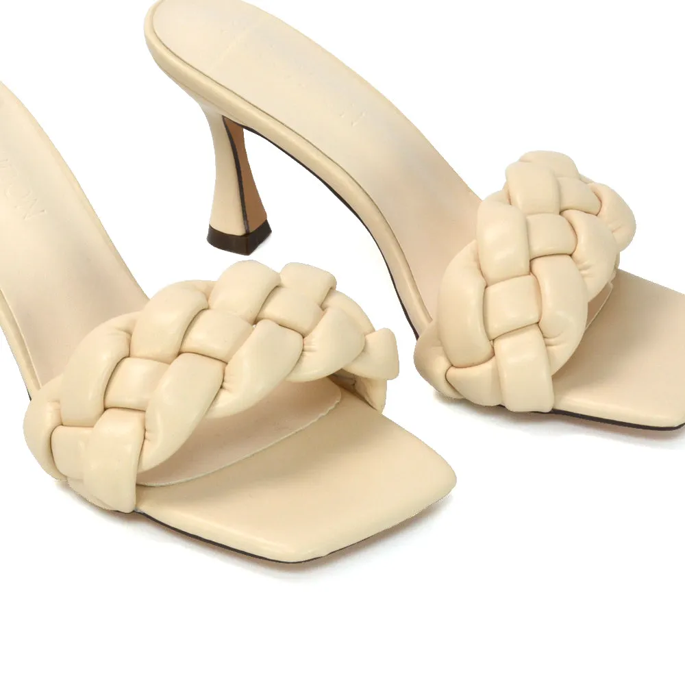 Lilah Woven Strap Square Toe Stiletto mid High Heel Mule Slip on Sandals in Nude sold by XYlondon product image thumbnail 5