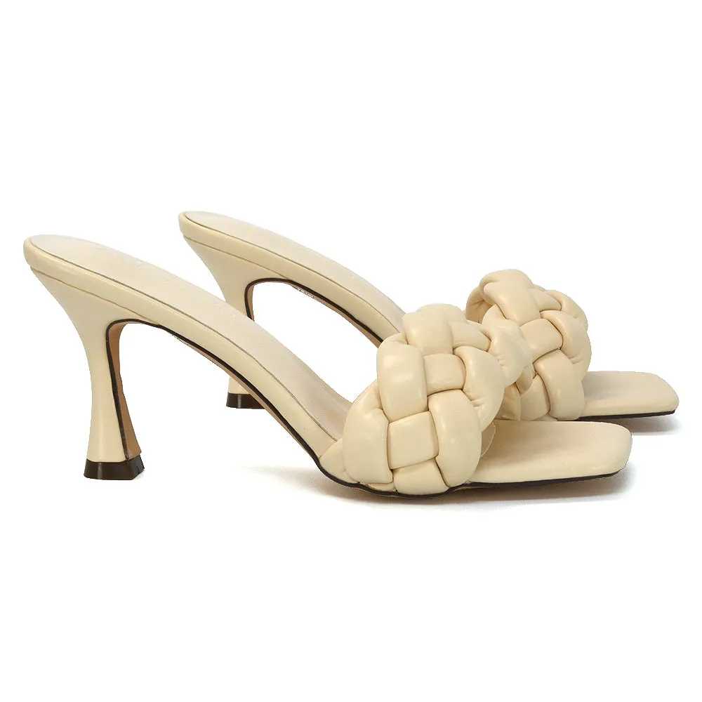 Lilah Woven Strap Square Toe Stiletto mid High Heel Mule Slip on Sandals in Nude sold by XYlondon