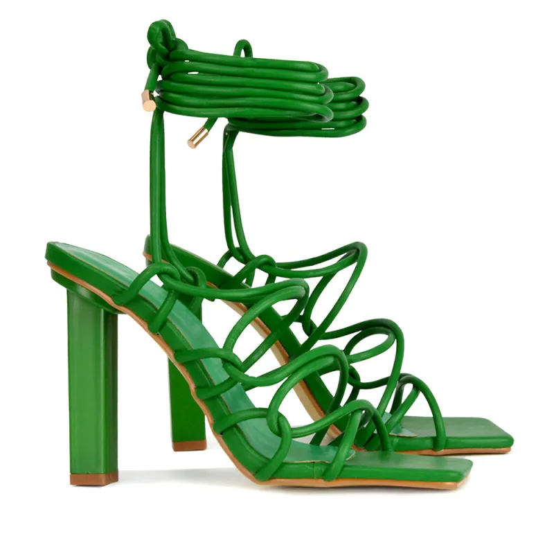 Jolene Strappy Square Toe Block High Heels Lace up Sandals in Green Synthetic Leather sold by XYlondon