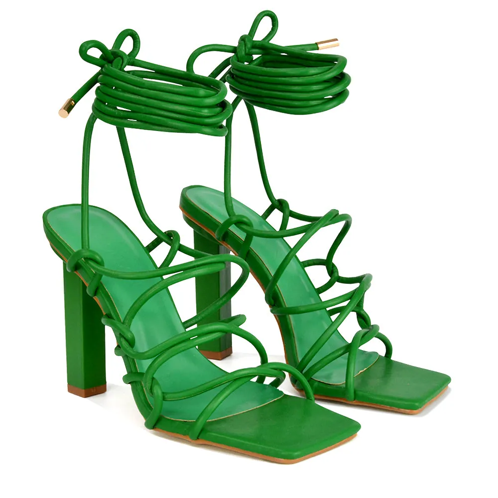 Jolene Strappy Square Toe Block High Heels Lace up Sandals in Green Synthetic Leather sold by XYlondon product image thumbnail 4