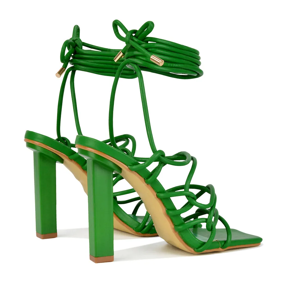 Jolene Strappy Square Toe Block High Heels Lace up Sandals in Green Synthetic Leather sold by XYlondon product image thumbnail 2