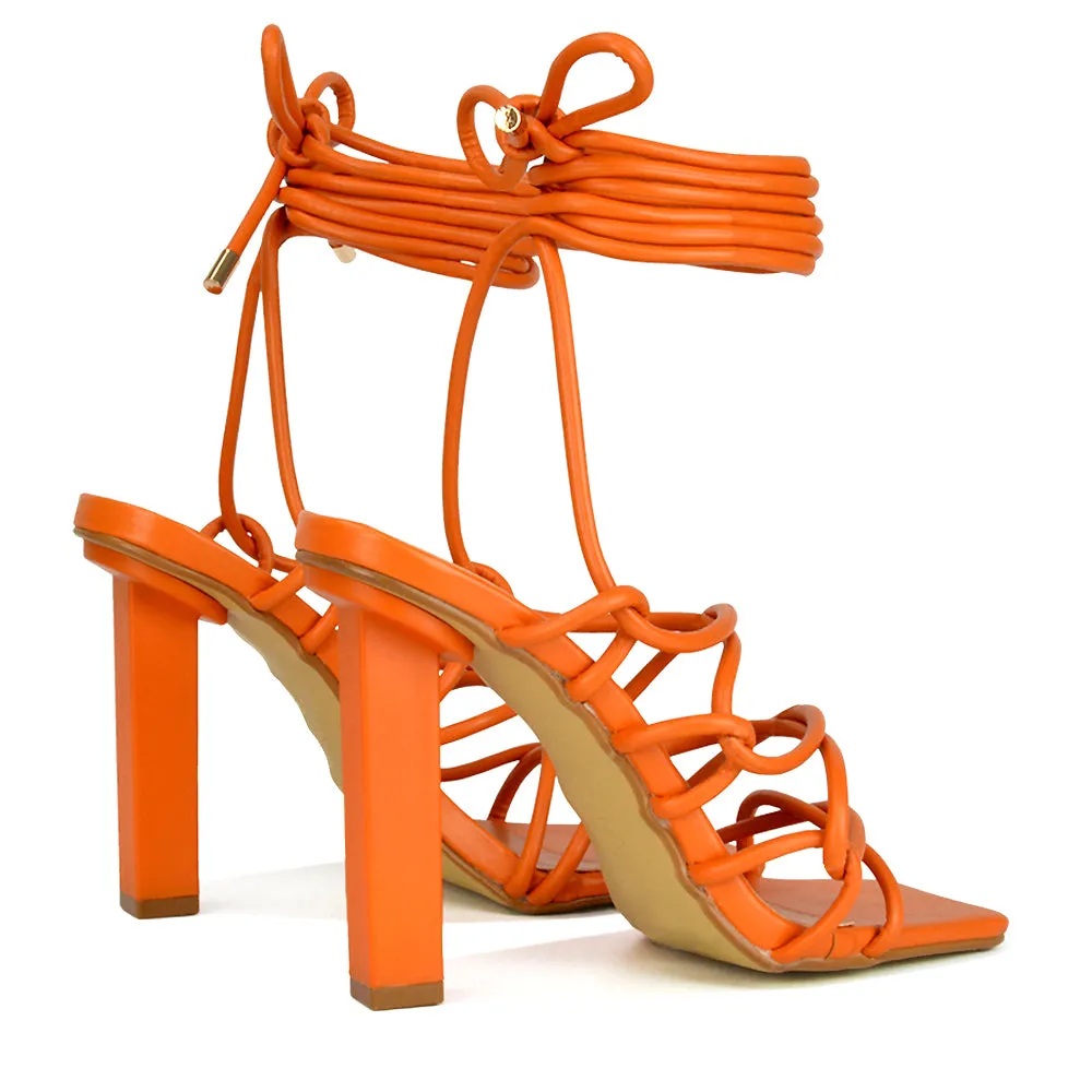 Jolene Strappy Square Toe Block High Heels Lace up Sandals in Orange Synthetic Leather sold by XYlondon product image thumbnail 2